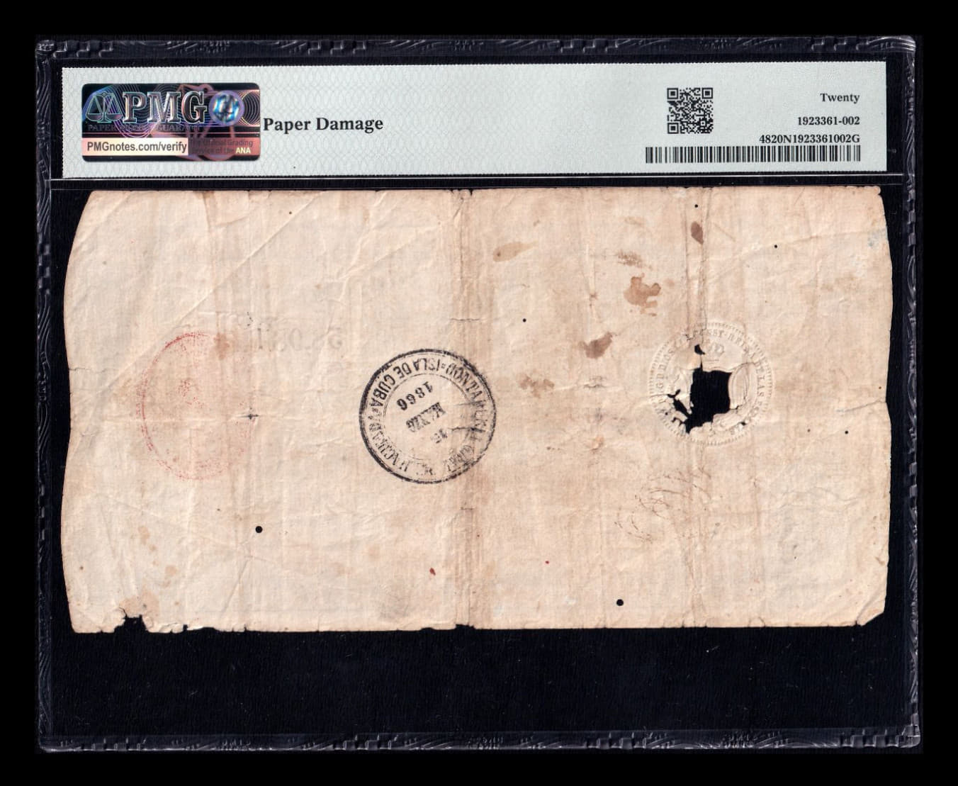 Alternative view of España Emisión de Ultramar República Dominicana 2 Pesos Fuertes 1862 Pick 48 Serie B PMG 20