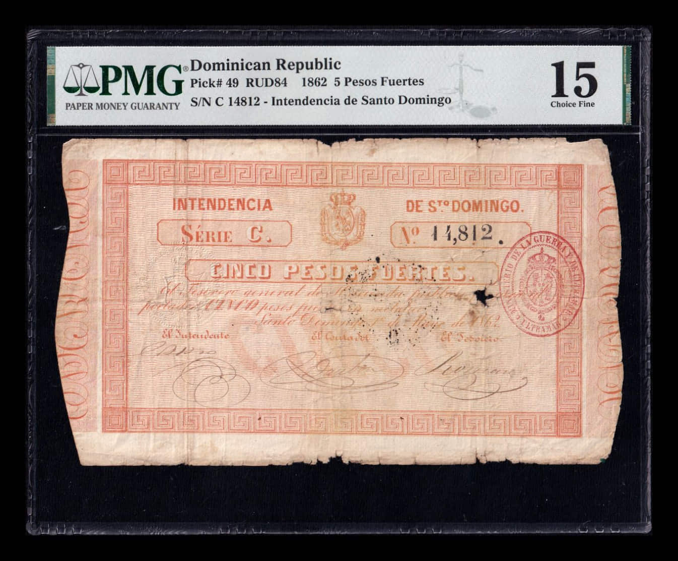 España Emisión de Ultramar República Dominicana 5 Pesos Fuertes 1862 Pick 49 Serie C PMG 15