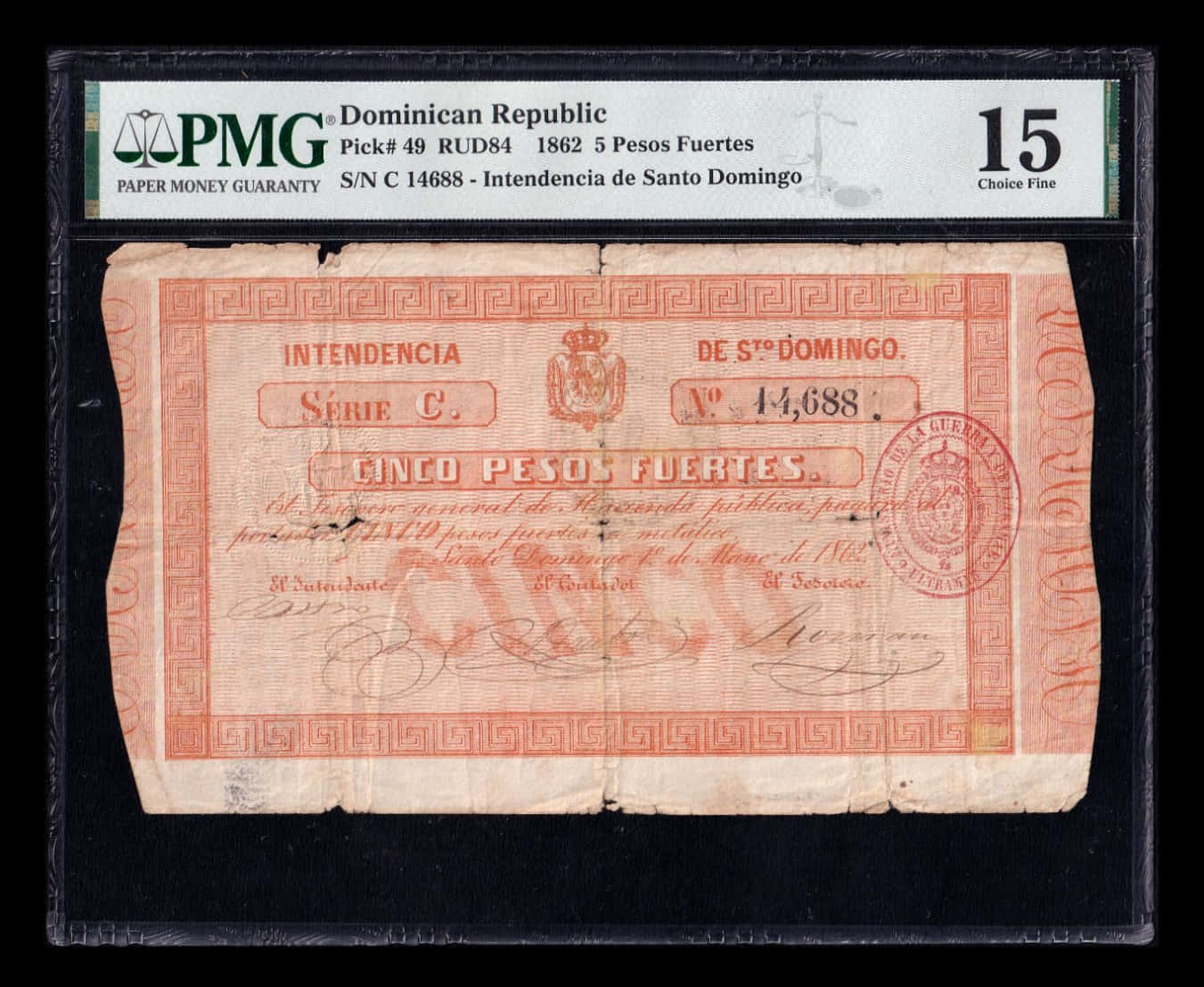 España Emisión de Ultramar República Dominicana 5 Pesos Fuertes 1862 Pick 49 Serie C PMG 15
