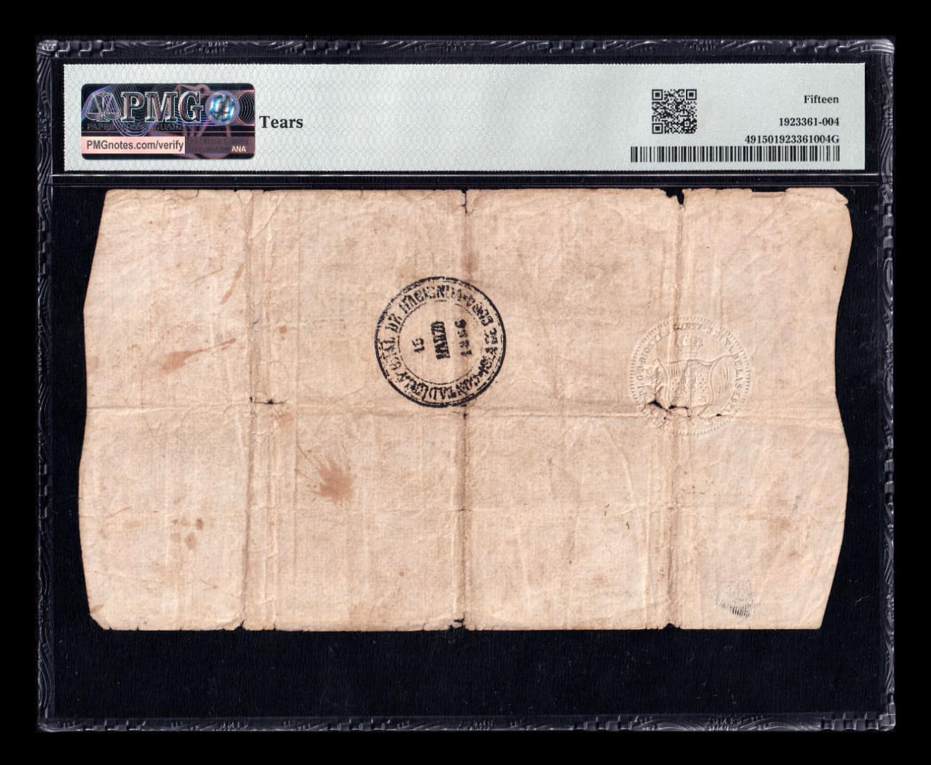 Alternative view of España Emisión de Ultramar República Dominicana 5 Pesos Fuertes 1862 Pick 49 Serie C PMG 15