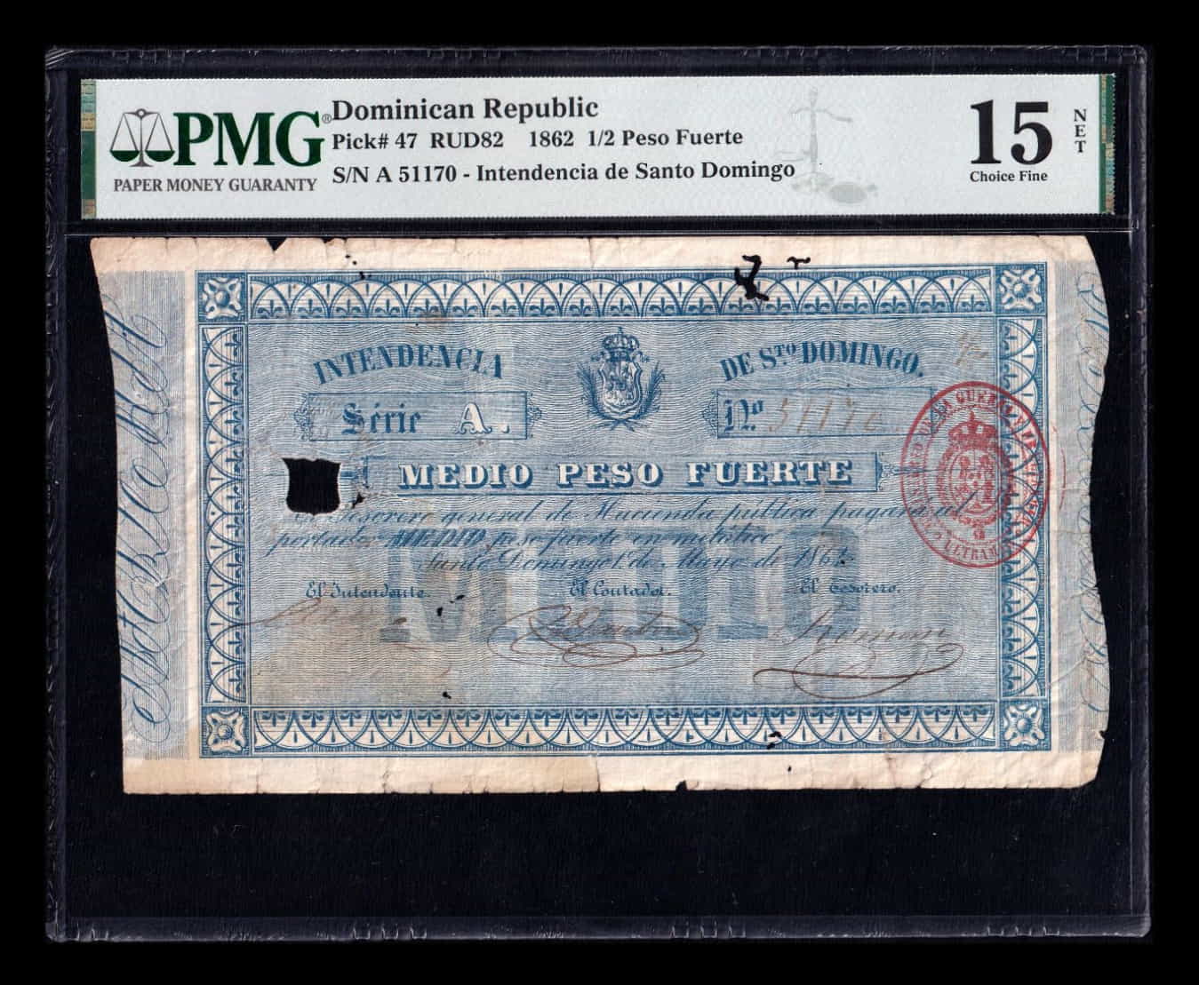 España Emisión de Ultramar República Dominicana 1/2 Peso Fuerte 1862 Pick 47 Serie A PMG 15