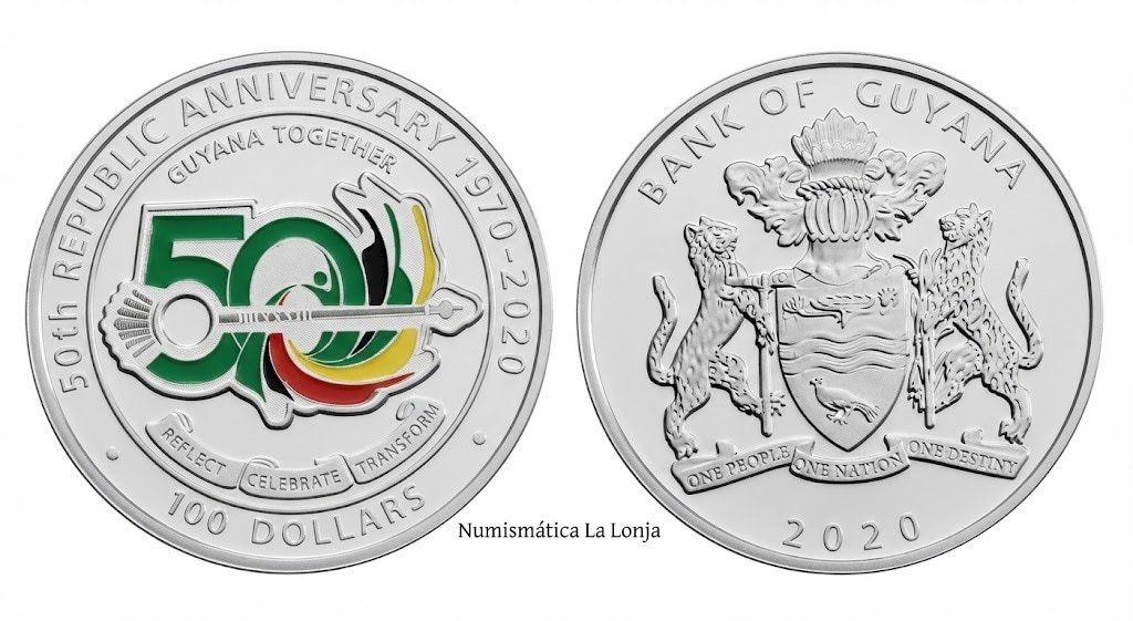 Guyana 100 Dólares Conmemorativa 50 Años de la República 2020 Km 62 Sc Unc