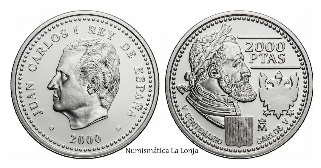 España 2000 Pesetas Conmemorativa Carlos V 2000 Km 1015 Plata Sc Unc