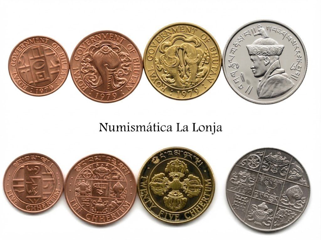 Bhutan Set 4 Monedas 5 10 25 Chhertum 1/2 Rupia 1950-1979 Km 28-47a Sc Unc