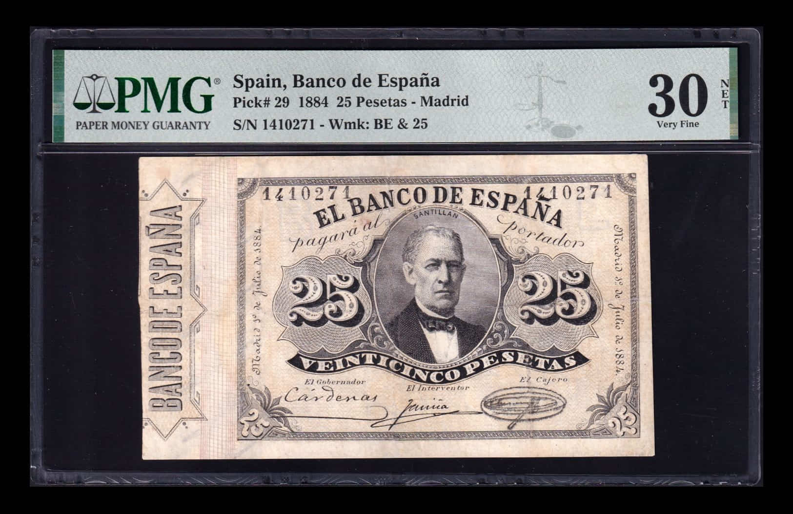 España 25 Pesetas Ramón de Santillan 1884 Pick 29 PMG 30 NET Mbc Vf
