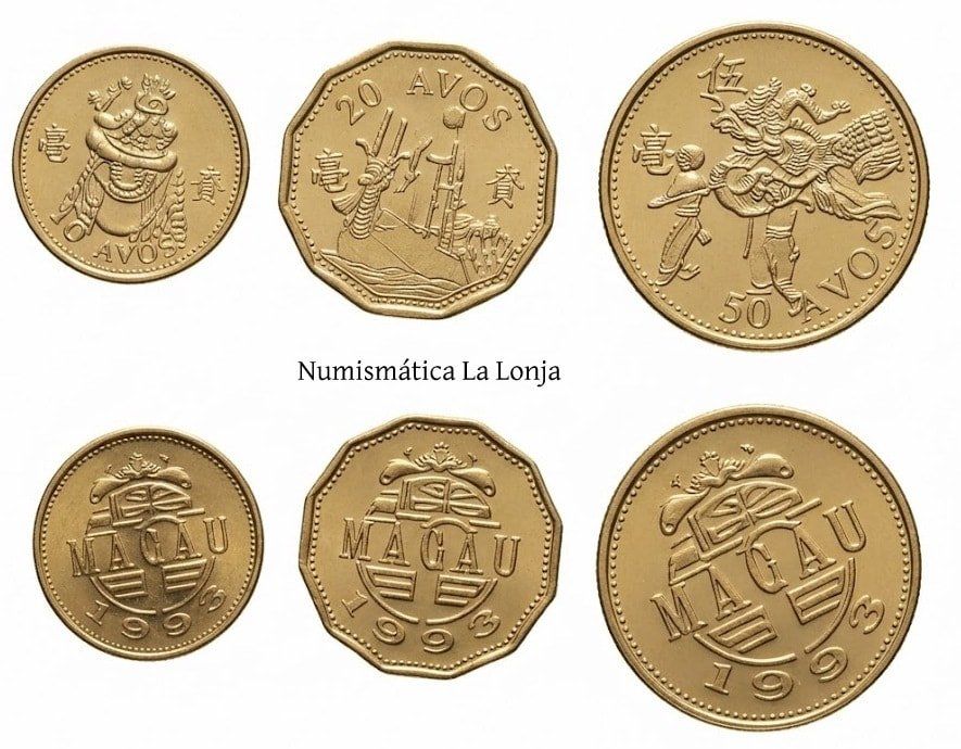 Macao Set 3 monedas 10 20 50 Avos 1993 Km 70 71 72 Sc Unc