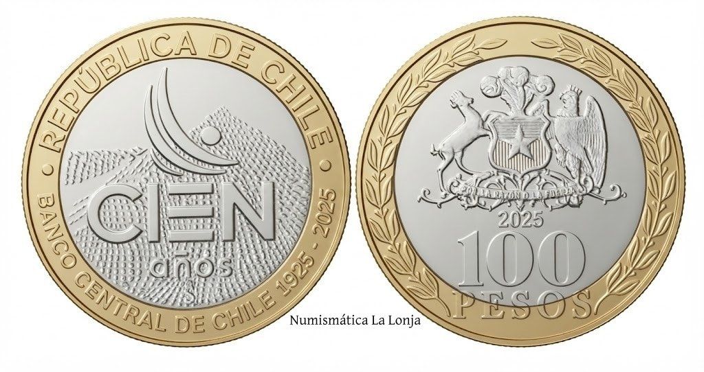 Chile 100 Pesos Conmemorativa 100 años del Banco 2025 Km Nuevo Sc Unc