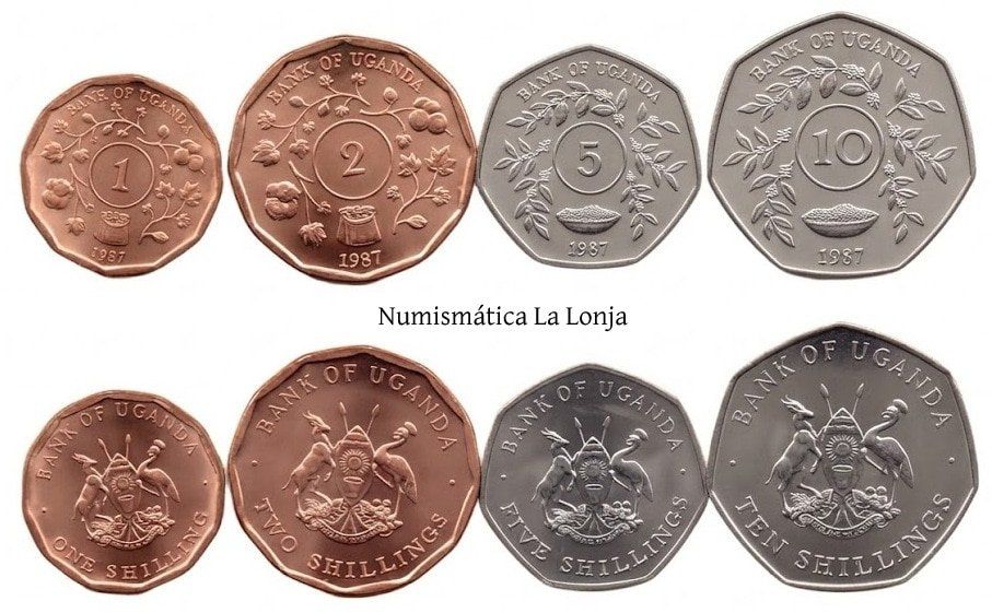 Uganda Set 4 monedas 1 2 5 10 Shillings 1987 Km 27 28 29 30 Sc Unc