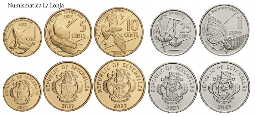 Seychelles Set 5 monedas 1 5 10 25 Cents 1 Rupee 2021-2022 Km 176-180 Sc Unc