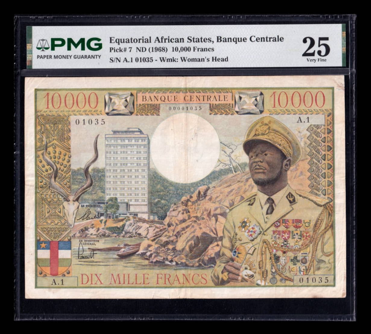 Estados de África Ecuatorial Jean-Bédél Bokassa 10000 Francos 1968 Pick 7 PMG 25 Bc/Mbc F/Vf