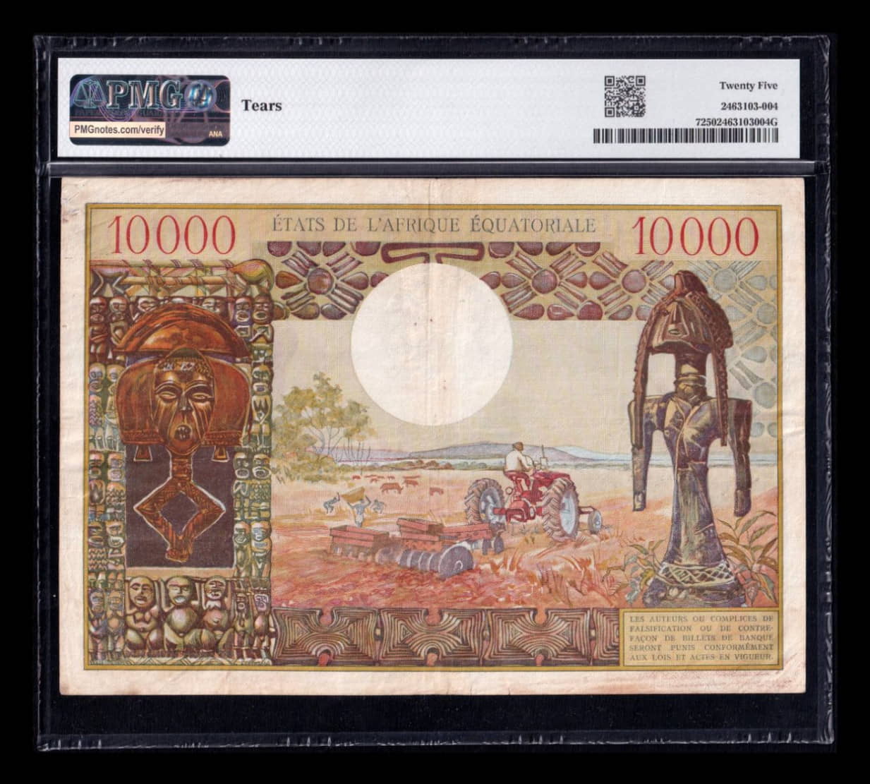 Estados de África Ecuatorial Jean-Bédél Bokassa 10000 Francos 1968 Pick 7 PMG 25 Bc/Mbc F/Vf - Imagen 2
