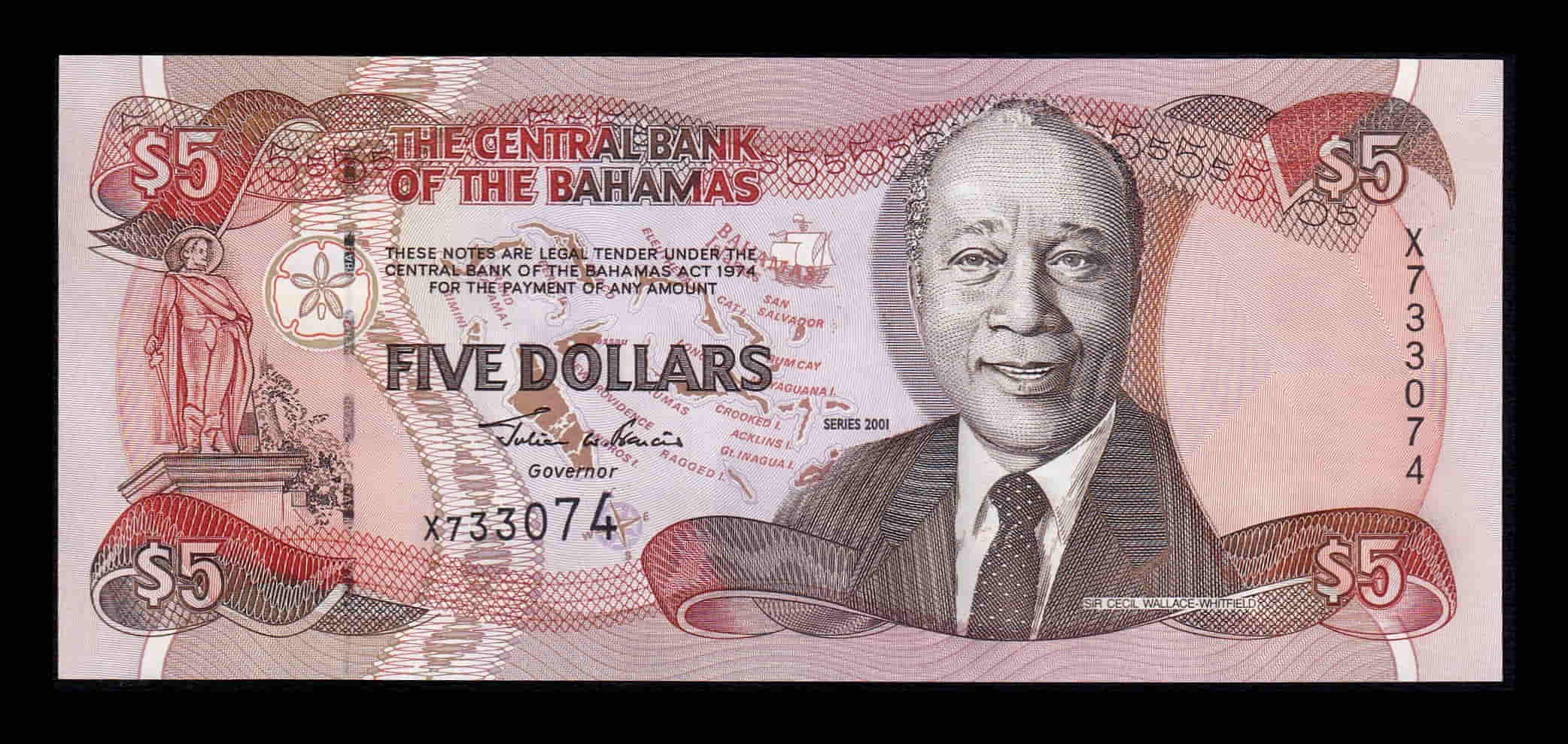 Bahamas 5 Dólares Cecil Wallace Whitfield 2001 Pick 63b Sc Unc