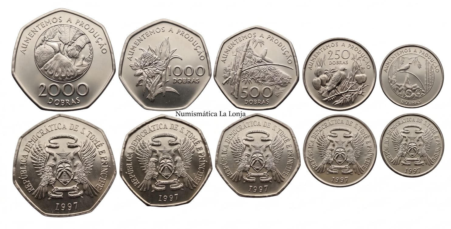 Santo Tomé y Príncipe Set 5 monedas 100 250 500 1000 2000 Dobras 1997 Km 87-91 Sc Unc