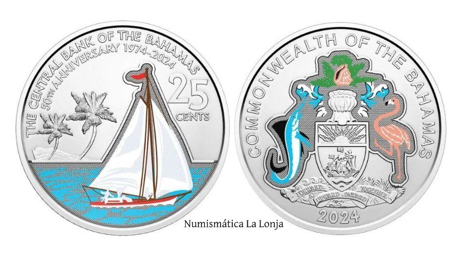 Bahamas 25 Cents Conmemorativa 50 Años Banco Central 2024 Km 251 Coloreada Sc Unc