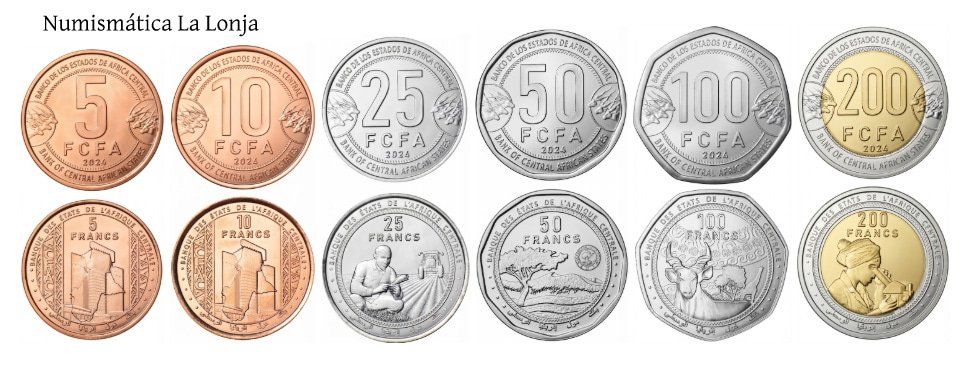 Estados de África Central Set 6 monedas 5 10 25 50 100 200 Francos CFA 2024 Km Nuevo Sc Unc