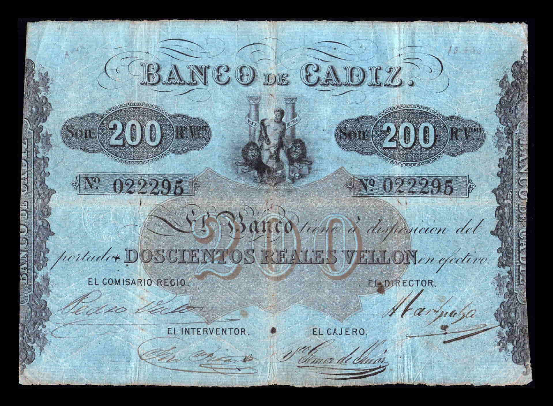 España Banco de Cádiz 200 Reales Vellón 1863 Pick S292 Mbc Vf
