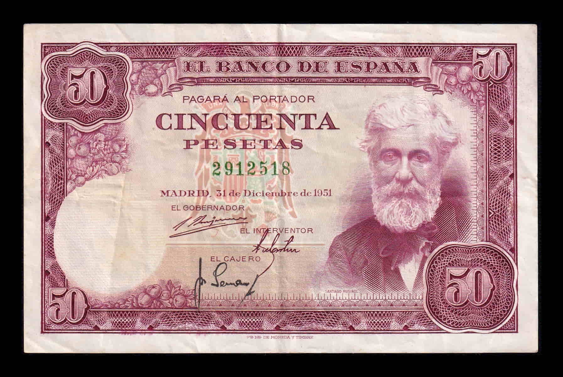España 50 Pesetas Santiago Rusiñol 1951 Pick 141 Sin Serie Mbc Vf