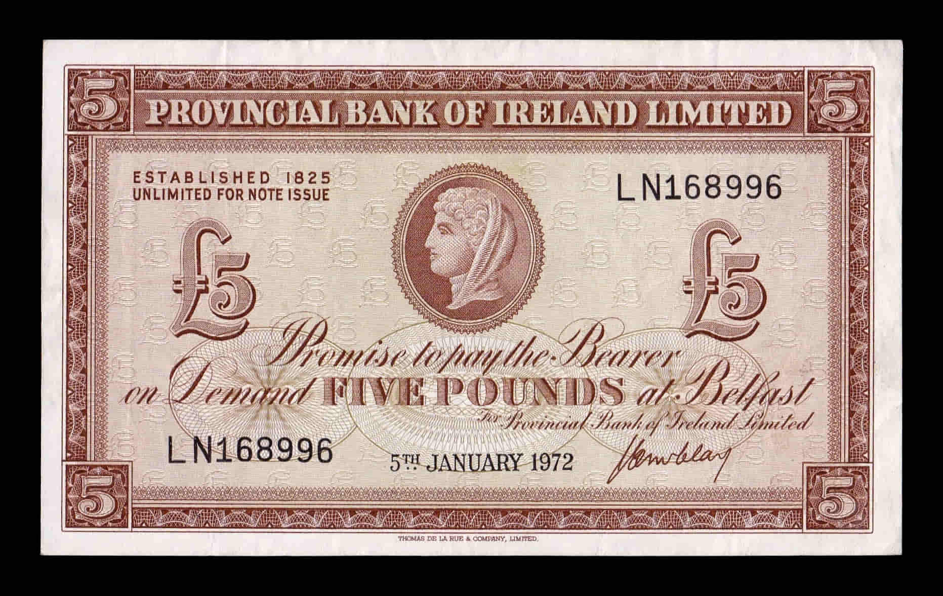 Irlanda del Norte Provincial Bank of Ireland 5 Libras 1972 Pick 246 Mbc/+ Vf/+