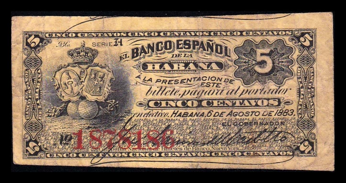 Cuba 5 Centavos 1883 Pick 29d Serie H Mbc Vf