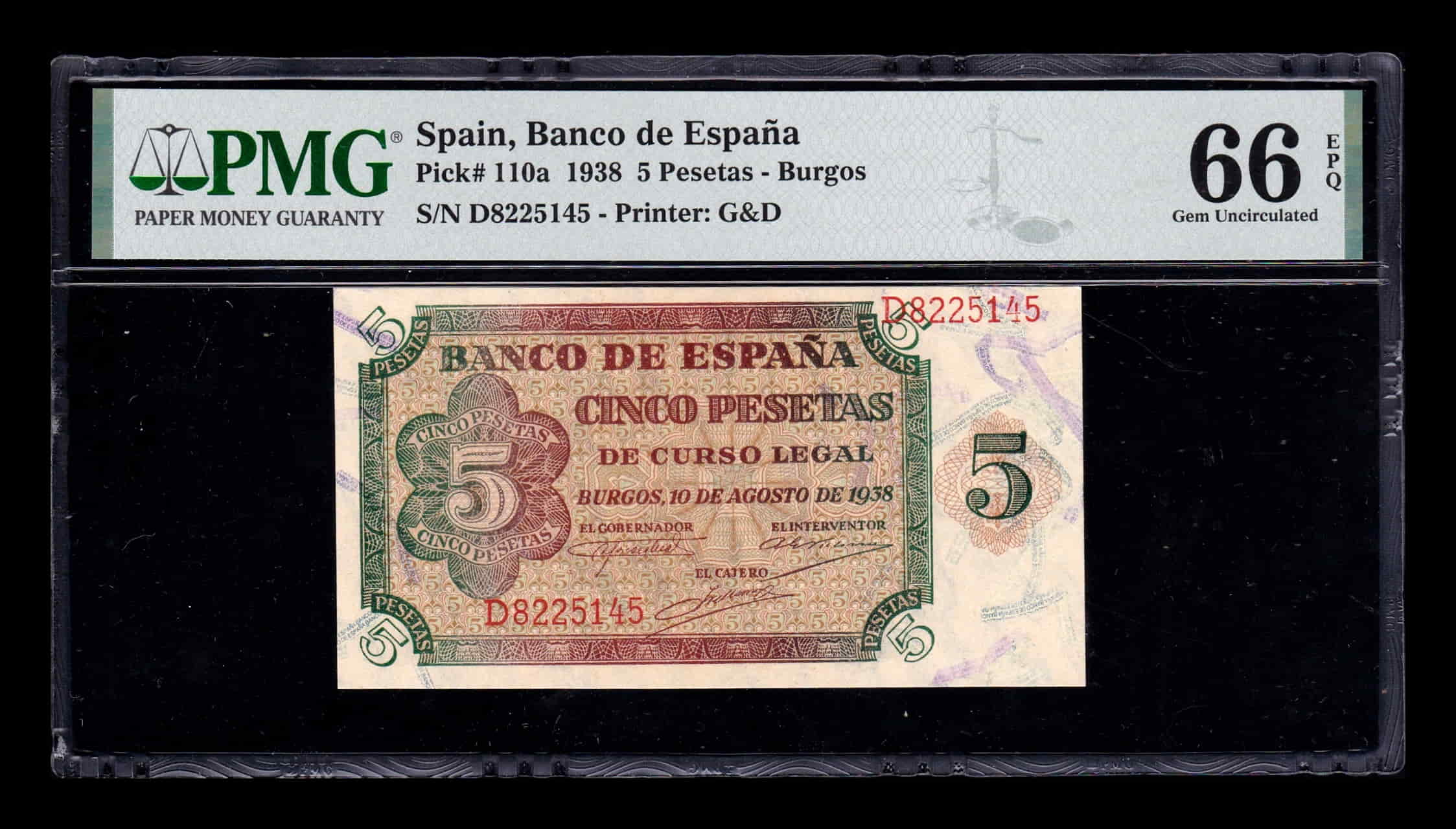 España 5 Pesetas Burgos 1938 Pick 110 Serie D PMG 66 EPQ Sc Unc