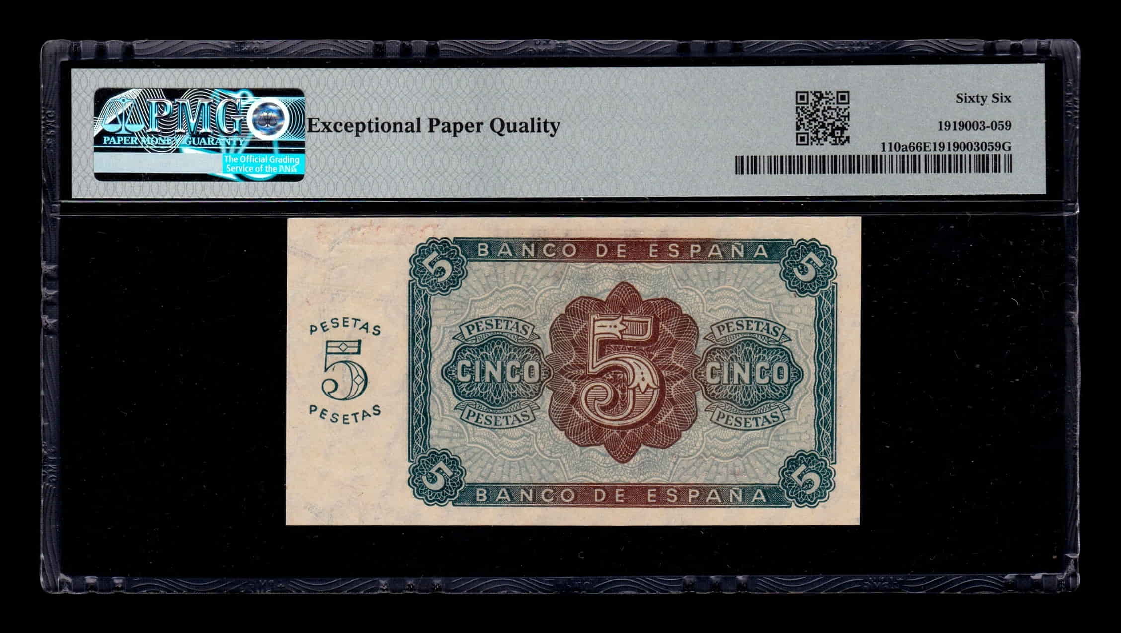 Alternative view of España 5 Pesetas Burgos 1938 Pick 110 Serie D PMG 66 EPQ Sc Unc