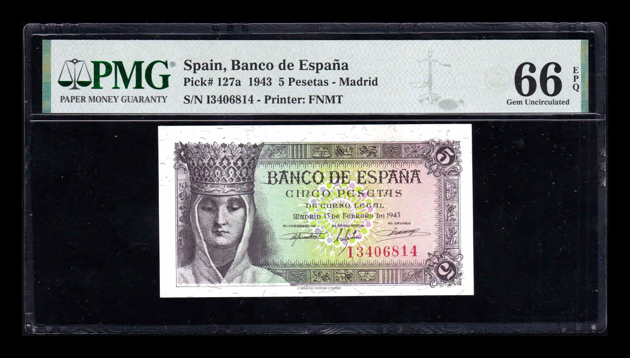 España 5 Pesetas Isabel I de Castilla 1943 Pick 127 Serie i PMG 66 EPQ Sc Unc