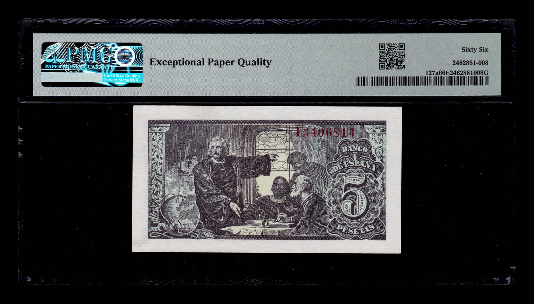 Alternative view of España 5 Pesetas Isabel I de Castilla 1943 Pick 127 Serie i PMG 66 EPQ Sc Unc
