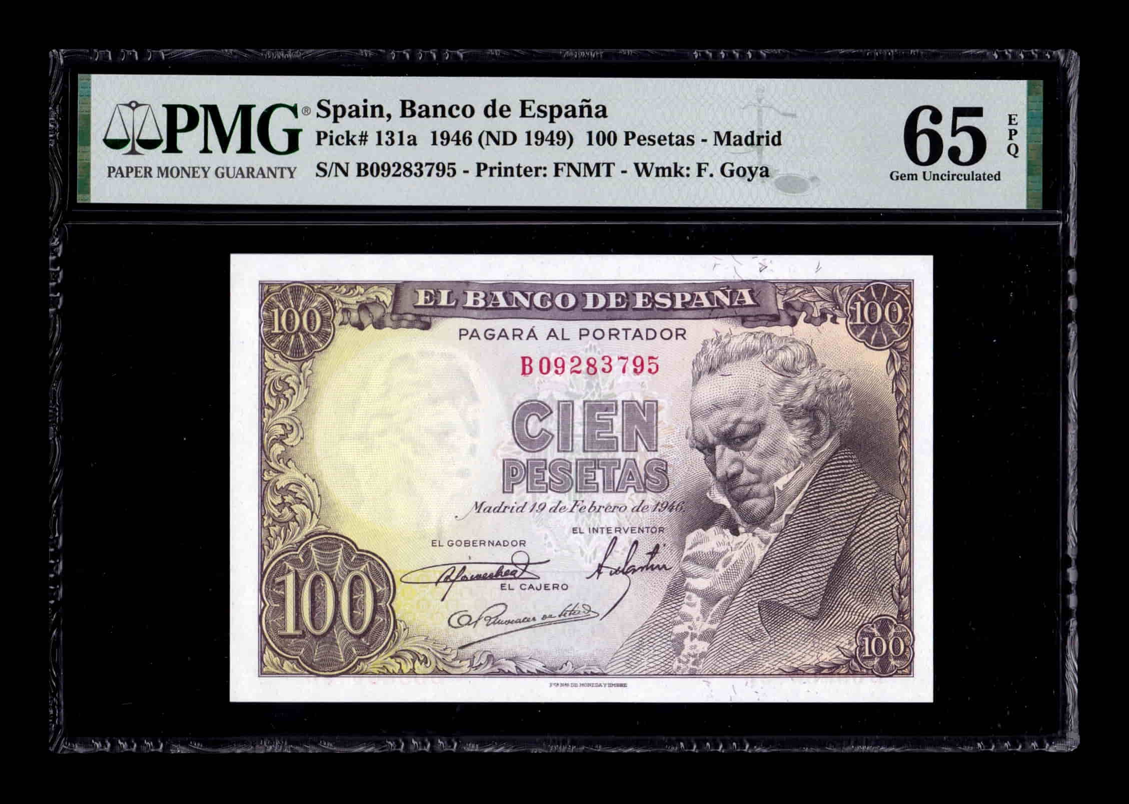 España 100 Pesetas Goya 1946 Pick 131 Serie B PMG 65 EPQ Sc Unc