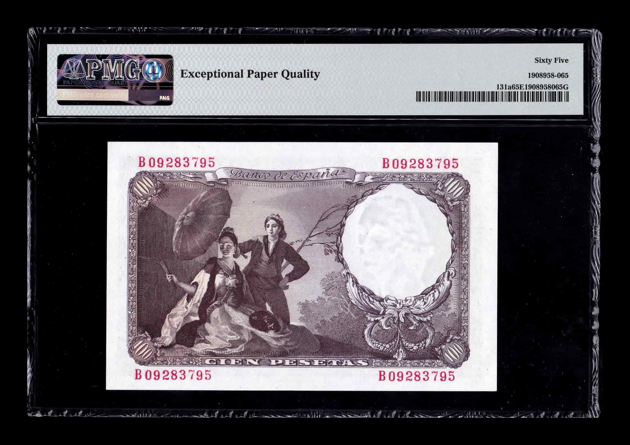 Alternative view of España 100 Pesetas Goya 1946 Pick 131 Serie B PMG 65 EPQ Sc Unc