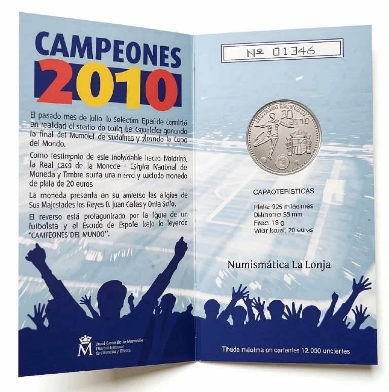 España Cartera 20 Euros Conmemorativa Campeones 2010 Km 1183 Plata Sc Unc - Imagen 3