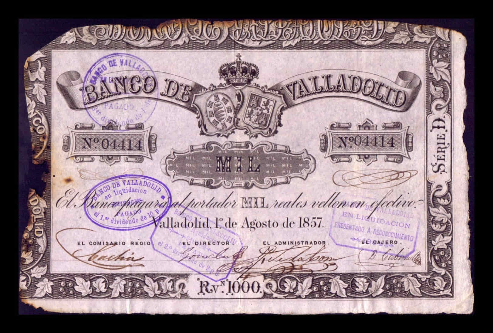 España Banco de Valladolid 1000 Reales Vellon 1857 Pick S434 Mbc Vf