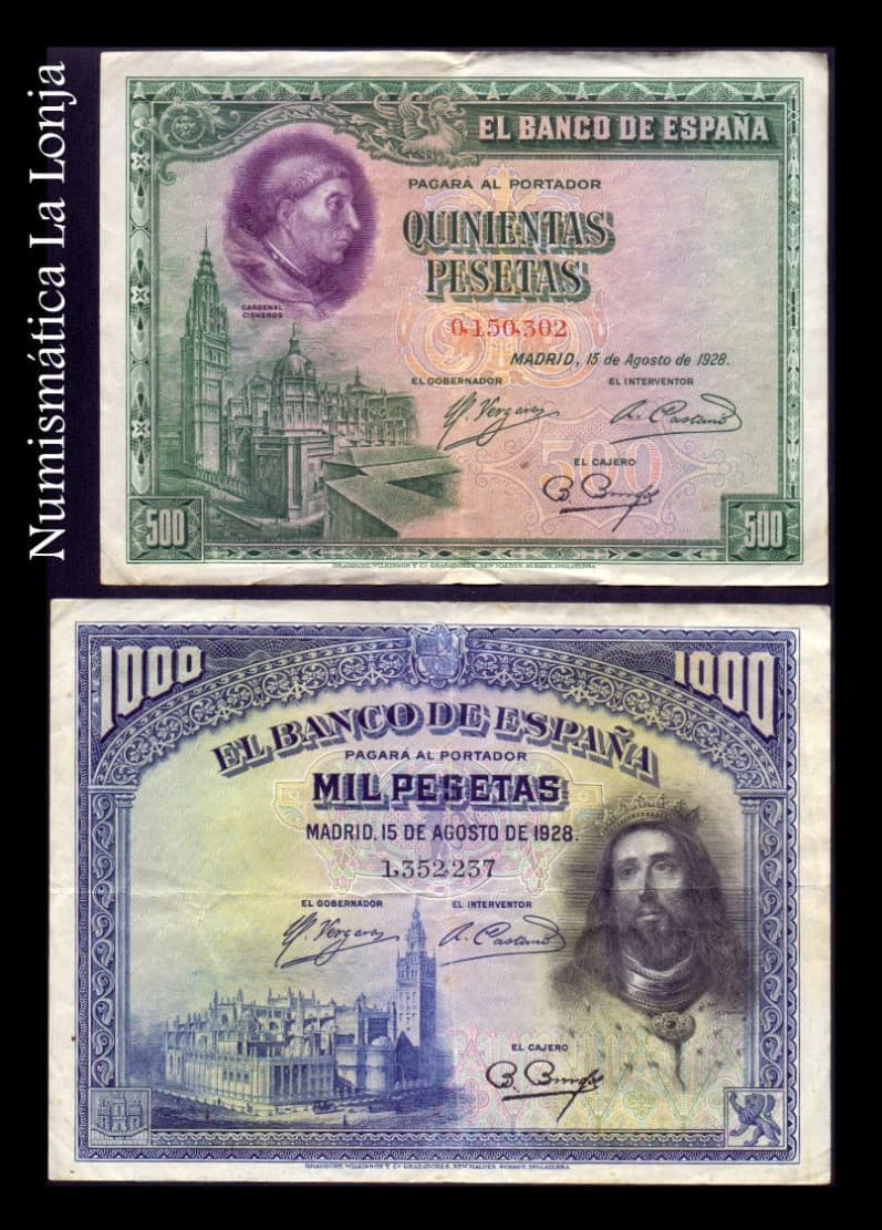 España Set 2 billetes 500 1000 Pesetas 1928 Pick 77 78 Mbc Vf