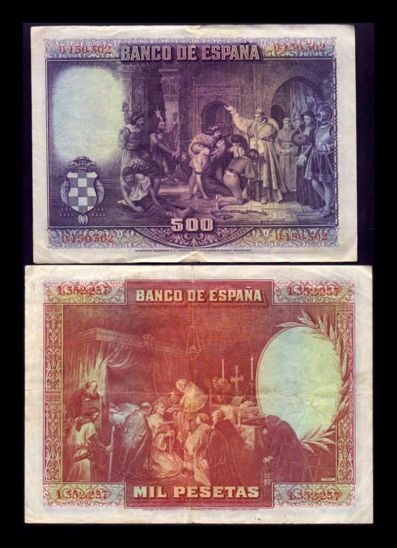 Alternative view of España Set 2 billetes 500 1000 Pesetas 1928 Pick 77 78 Mbc Vf