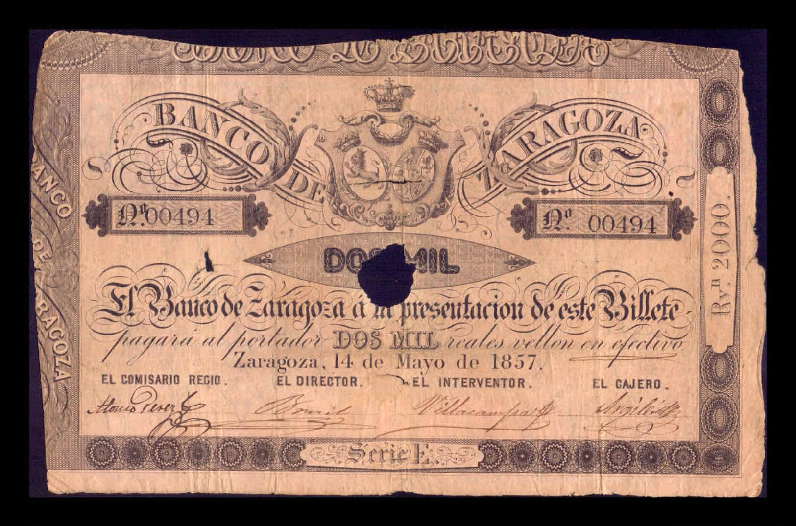 España Banco de Zaragoza 2000 Reales Vellon 1857 Pick S455 Bc F