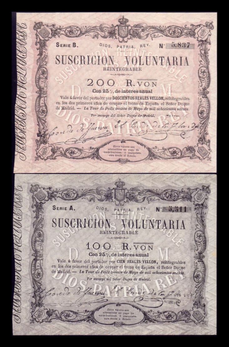 España Carlos VII Pretendiente Set 100 200 Reales Vellon 1870 Ed. A205-A206 Serie A-B Ebc/+ Xf/+