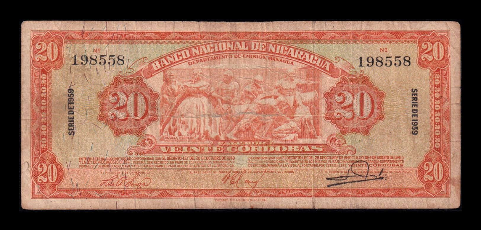 Nicaragua 20 Córdobas 1959 Pick 102b Bc F