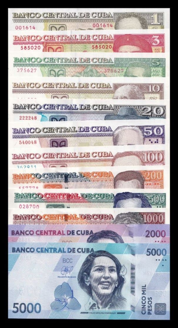 Cuba Set Completo 12 billetes 1-5000 Pesos 2005-2026 Pick 116-146 Sc Unc