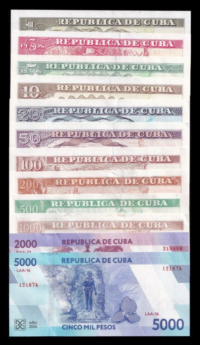Alternative view of Cuba Set Completo 12 billetes 1-5000 Pesos 2005-2026 Pick 116-146 Sc Unc
