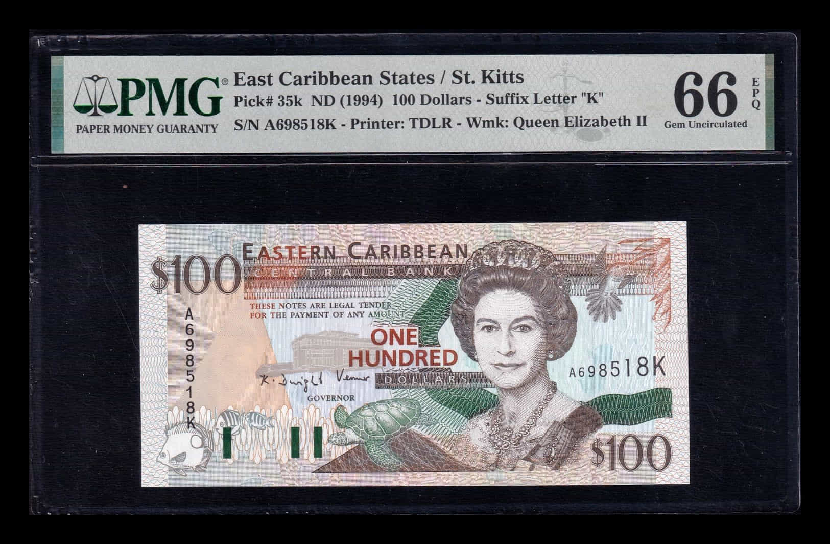 Estados del Caribe St. Kitts 100 Dólares Elizabeth II 1994 Pick 35k PMG 66 EPQ Sc Unc