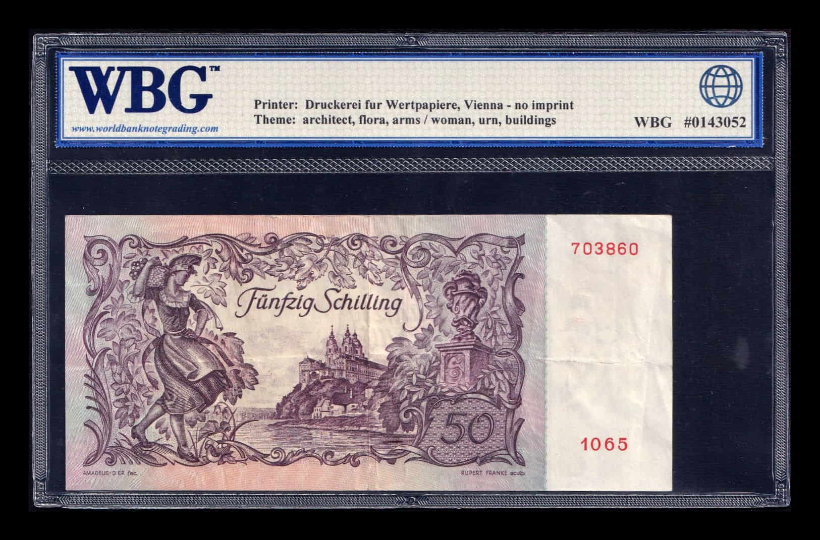 Alternative view of Austria 50 Schilling Jakob Prandtauer 1951 Pick 130a WBG 30 Mbc Vf