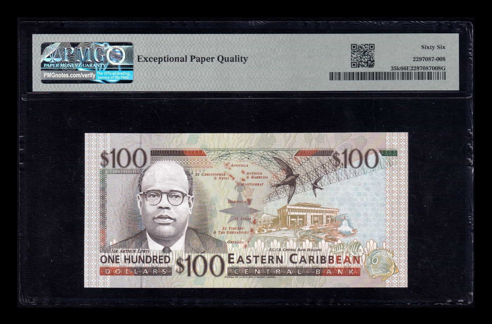 Alternative view of Estados del Caribe St. Kitts 100 Dólares Elizabeth II 1994 Pick 35k PMG 66 EPQ Sc Unc