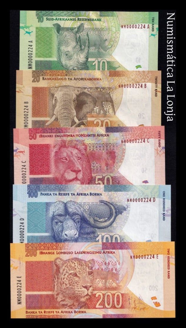Alternative view of Sudáfrica Set Completo 10 20 50 100 200 Rand 2012 Pick 133-137 Misma Numeración Sc Unc