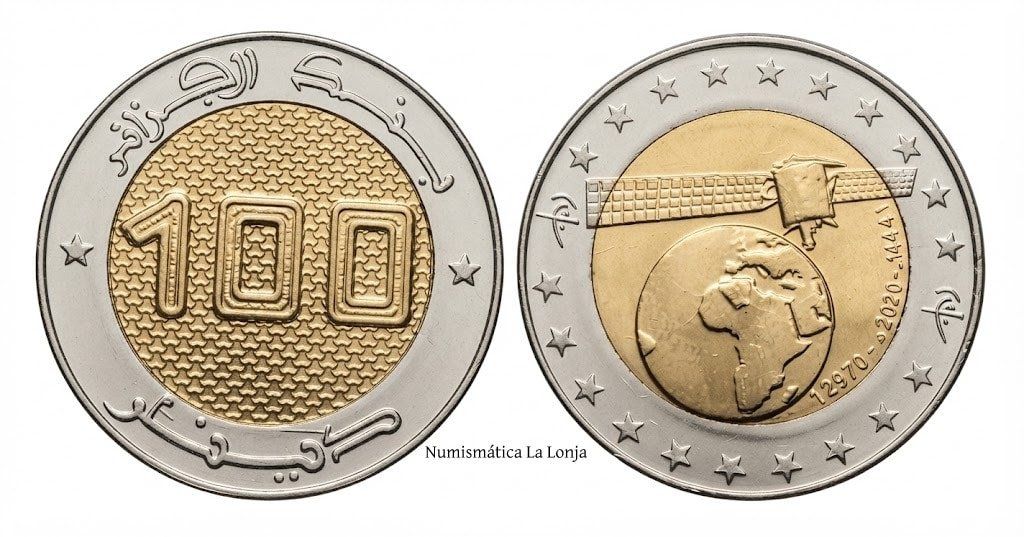 Argelia 100 Dinars Satélite 2020 Km 141 Bimetálica Sc Unc