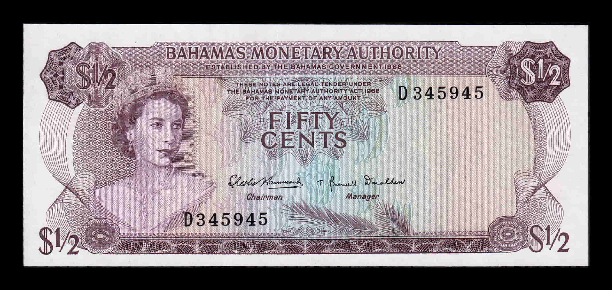 Bahamas 50 Cents 1/2 Dólar Elizabeth II 1968 Pick 26 Sc Unc