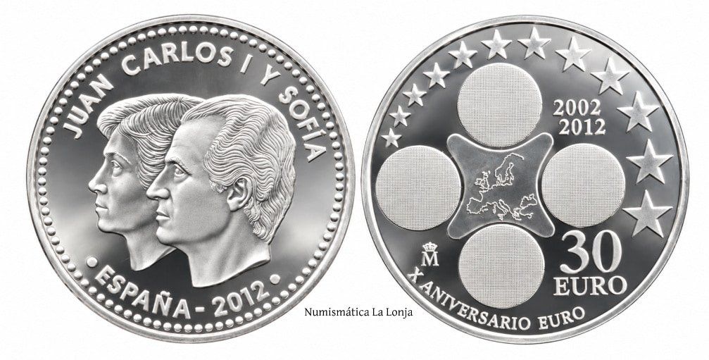 España Moneda 30 Euros Conmemorativa Circulación Euro 2012 Km 30844 Plata
