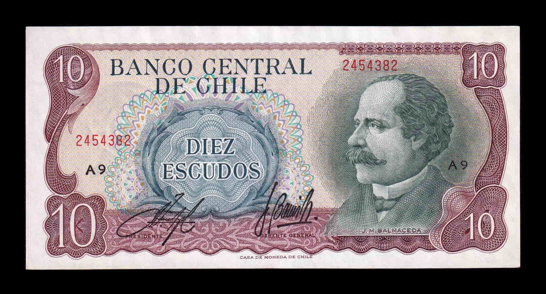 Chile 10 Escudos José Manuel Balmaceda 1970 Pick 142a Serie A Sc Unc