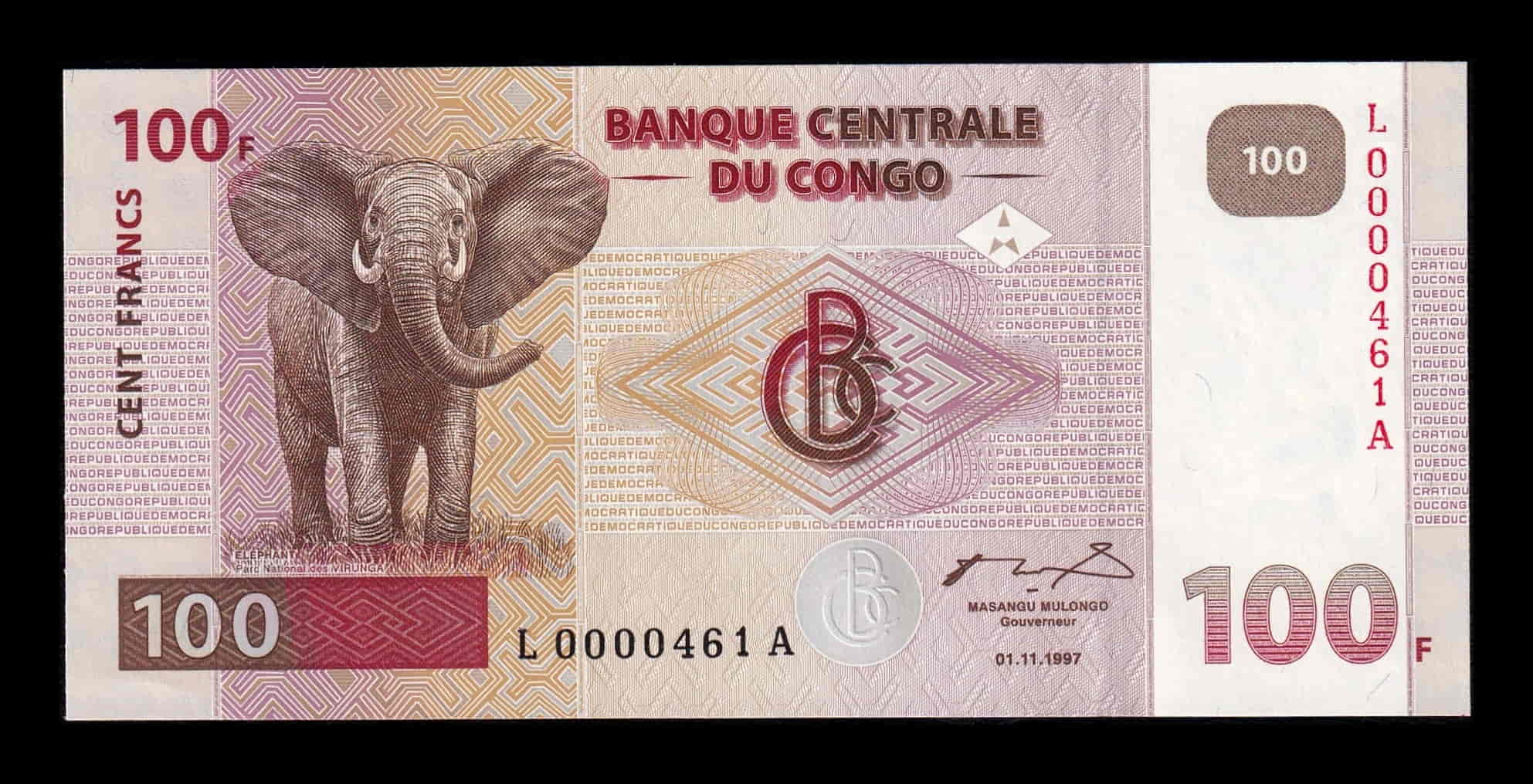 Congo República Democrática 100 Francos 1997 Pick 90 Numeración baja Sc Unc