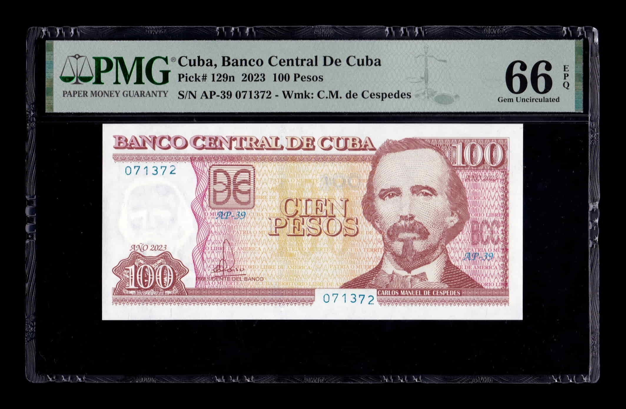Cuba 100 Pesos Carlos Manuel de Céspedes 2023 Pick 129n PMG 66 EPQ Sc Unc