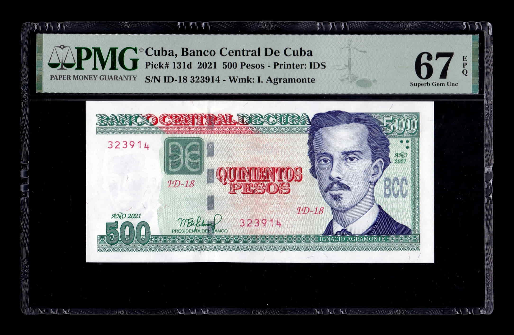 Cuba 500 Pesos Ignacio Agramonte 2021 Pick 131d PMG 67 EPQ Sc Unc