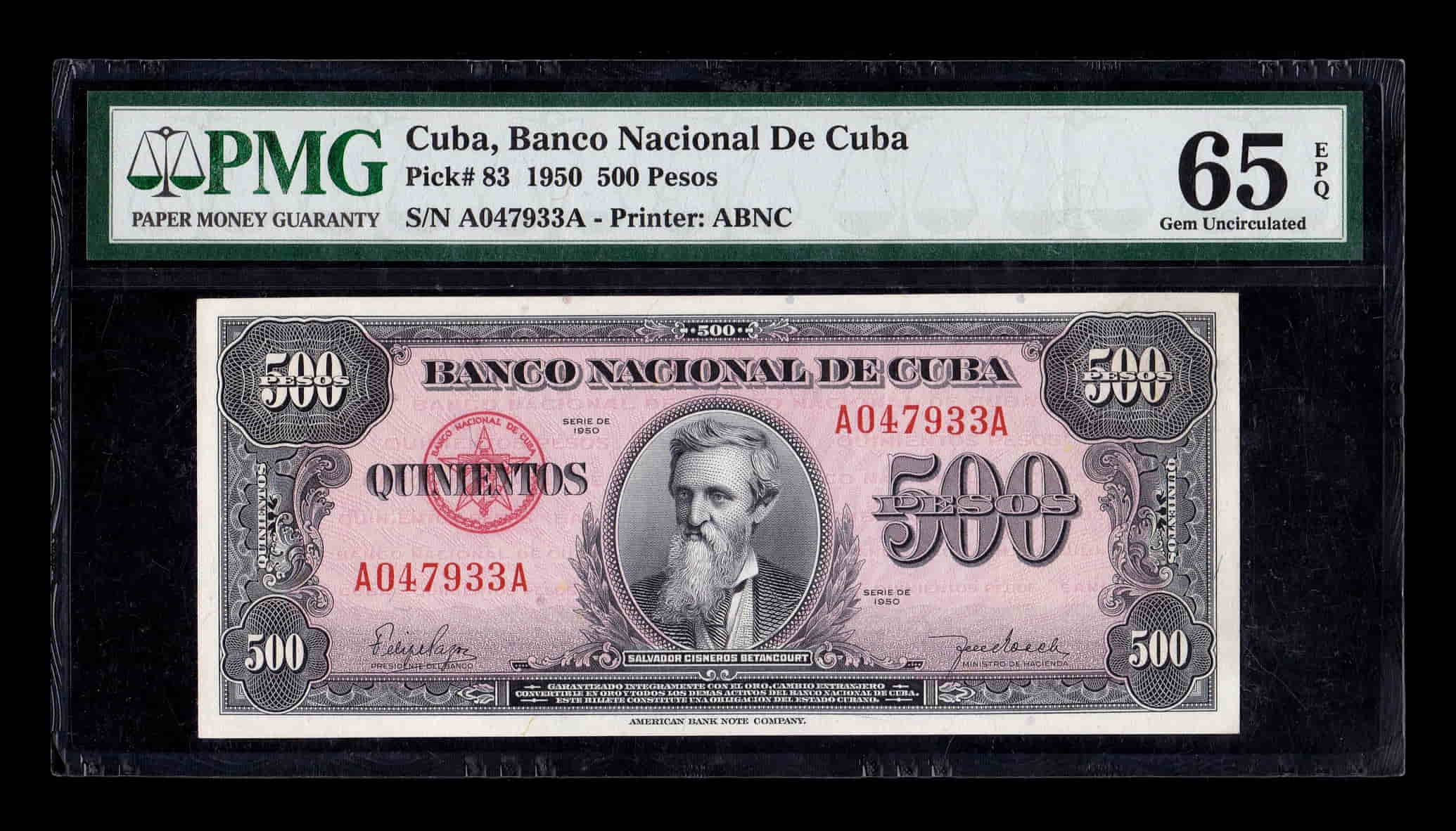 Cuba 500 Pesos Salvador Cisneros 1950 Pick 83 PMG 65 EPQ Sc Unc
